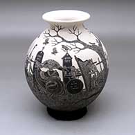 A black and white jar with a recurved neck and decorated with a sgraffito Day of the Dead at the cemetery design
 by Hector Javier Martinez of Mata Ortiz and Casas Grandes