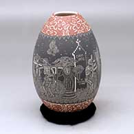 A polychrome jar decorated with a sgraffito Night of the Dead at the Cemetery and geometric design
 by Hector Javier Martinez of Mata Ortiz and Casas Grandes