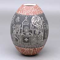 A polychrome jar decorated with a sgraffito Night of the Dead at the Cemetery and geometric design
 by Hector Javier Martinez of Mata Ortiz and Casas Grandes