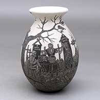 A black on white jar with a rolled lip and decorated with a sgraffito Day of the Dead at the Cemetery and geometric design
 by Hector Javier Martinez of Mata Ortiz and Casas Grandes