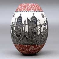 A polychrome jar decorated with a sgraffito Day of the Dead at the Cemetery and geometric design, click or tap to see a larger version