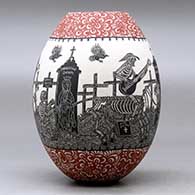 A polychrome jar decorated with a sgraffito Day of the Dead at the Cemetery and geometric design, click or tap to see a larger version