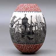 A polychrome jar decorated with a sgraffito Day of the Dead at the Cemetery and geometric design, click or tap to see a larger version