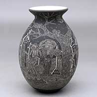 A black on white jar with a rolled lip and decorated with a sgraffito Night of the Dead at the Cemetery design
 by Hector Javier Martinez of Mata Ortiz and Casas Grandes