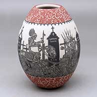 A polychrome jar decorated with a sgraffito Day of the Dead at the Cemetery with Native Americans and geometric design
 by Hector Javier Martinez of Mata Ortiz and Casas Grandes