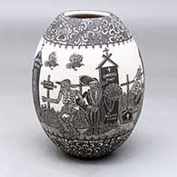 A black on white jar decorated with a sgraffito Day of the Dead at the Cemetery and geometric design
 by Hector Javier Martinez of Mata Ortiz and Casas Grandes