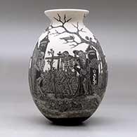 A black on white jar with a flared rim and decorated with a sgraffito Day of the Dead at the cemetery design, click or tap to see a larger version