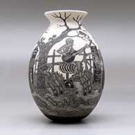 A black on white jar with a flared rim and decorated with a sgraffito Day of the Dead at the cemetery design, click or tap to see a larger version