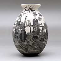A black on white jar with a flared rim and decorated with a sgraffito Day of the Dead at the cemetery design, click or tap to see a larger version