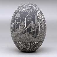 A black on white jar decorated with a sgraffito Night of the Dead at the cemetery and geometric design, click or tap to see a larger version