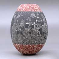 A polychrome jar decorated with a sgraffito Night of the Dead at the Cemetery with Native Americans, and geometric design, click or tap to see a larger version