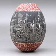 A polychrome jar decorated with a sgraffito Night of the Dead at the Cemetery with Native Americans, and geometric design, click or tap to see a larger version