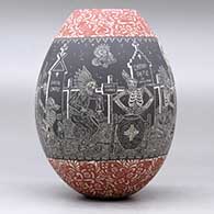 A polychrome jar decorated with a sgraffito Night of the Dead at the Cemetery with Native Americans, and geometric design, click or tap to see a larger version