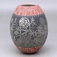 A polychrome jar decorated with a sgraffito Night of the Dead at the cemetery and geometric design
 by Hector Javier Martinez of Mata Ortiz and Casas Grandes