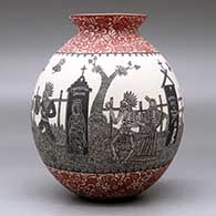 A polychrome jar with a rolled lip and decorated with a sgraffito Day of the Dead at the Cemetery with Native Americans and geometric design, click or tap to see a larger version