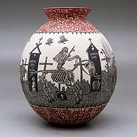 A polychrome jar with a rolled lip and decorated with a sgraffito Day of the Dead at the Cemetery with Native Americans and geometric design, click or tap to see a larger version
