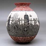 A polychrome jar with a rolled lip and decorated with a sgraffito Day of the Dead at the Cemetery with Native Americans and geometric design, click or tap to see a larger version