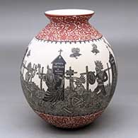 A polychrome jar with a rolled lip and decorated with a sgraffito Day of the Dead at the Cemetery with Native Americans and geometric design
 by Hector Javier Martinez of Mata Ortiz and Casas Grandes