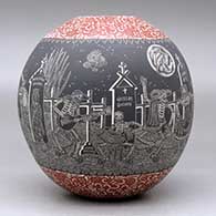A polychrome jar decorated with a sgraffito Night of the Dead at the cemetery and geometric design, click or tap to see a larger version