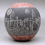 A polychrome jar decorated with a sgraffito Night of the Dead at the cemetery and geometric design, click or tap to see a larger version