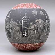 A polychrome jar decorated with a sgraffito Night of the Dead at the cemetery and geometric design, click or tap to see a larger version