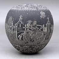 A polychrome jar decorated with a sgraffito Night of the Dead at the cemetery and geometric design, click or tap to see a larger version