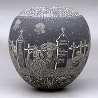 A polychrome jar decorated with a sgraffito Night of the Dead at the cemetery and geometric design, click or tap to see a larger version