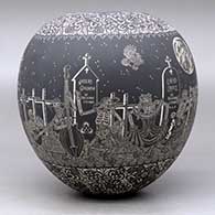 A polychrome jar decorated with a sgraffito Night of the Dead at the cemetery and geometric design, click or tap to see a larger version