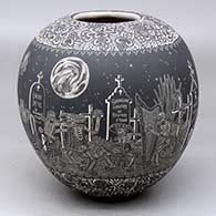 A polychrome jar decorated with a sgraffito Night of the Dead at the cemetery and geometric design
 by Hector Javier Martinez of Mata Ortiz and Casas Grandes