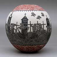 A polychrome jar decorated with a sgraffito Day of the Dead at the Cemetery and geometric design, click or tap to see a larger version