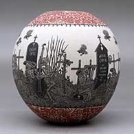 A polychrome jar decorated with a sgraffito Day of the Dead at the Cemetery and geometric design, click or tap to see a larger version