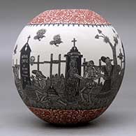 A polychrome jar decorated with a sgraffito Day of the Dead at the Cemetery and geometric design, click or tap to see a larger version