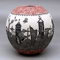A polychrome jar decorated with a sgraffito Day of the Dead at the Cemetery and geometric design
 by Hector Javier Martinez of Mata Ortiz and Casas Grandes