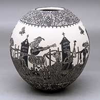 A black on white jar decorated with a sgraffito Day of the Dead at the Cemetery and geometric design
 by Hector Javier Martinez of Mata Ortiz and Casas Grandes