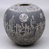 A polychrome jar decorated with a sgraffito Night of the Dead with Native Americans at the Cemetery and geometric design
 by Hector Javier Martinez of Mata Ortiz and Casas Grandes