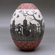 A polychrome jar decorated with a sgraffito Day of the Dead at the Cemetery and geometric design, click or tap to see a larger version
