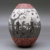 A polychrome jar decorated with a sgraffito Day of the Dead at the Cemetery and geometric design, click or tap to see a larger version