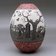 A polychrome jar decorated with a sgraffito Day of the Dead at the Cemetery and geometric design, click or tap to see a larger version