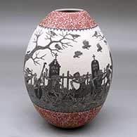 A polychrome jar decorated with a sgraffito Day of the Dead at the Cemetery and geometric design
 by Hector Javier Martinez of Mata Ortiz and Casas Grandes