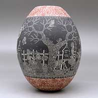 A polychrome jar decorated with a sgraffito Night of the Dead with the Native Americans at the Cemetery and geometric design, click or tap to see a larger version