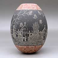 A polychrome jar decorated with a sgraffito Night of the Dead with the Native Americans at the Cemetery and geometric design, click or tap to see a larger version