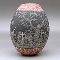 A polychrome jar decorated with a sgraffito Night of the Dead with the Native Americans at the Cemetery and geometric design, click or tap to see a larger version