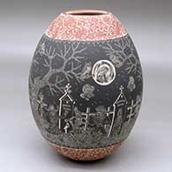 A polychrome jar decorated with a sgraffito Night of the Dead with the Native Americans at the Cemetery and geometric design
 by Hector Javier Martinez of Mata Ortiz and Casas Grandes