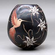 A polychrome jar with a sgraffito and painted hummingbird, vine, flower and geometric design, click or tap to see a larger version