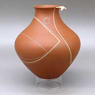 A polychrome jar with a recurved neck and decorated with a geometric design with a hummingbird hovering on the rim, click or tap to see a larger version