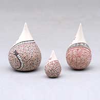 A set of three miniature tear drop jars decorated with a serpent, hummingbird, fineline and geometric designs, click or tap to see a larger version