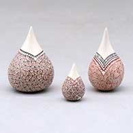 A set of three miniature tear drop jars decorated with a serpent, hummingbird, fineline and geometric designs, click or tap to see a larger version