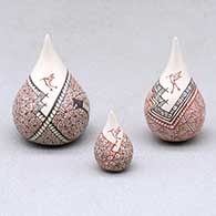 A set of three miniature tear drop jars decorated with a serpent, hummingbird, fineline and geometric designs
 by Carla Martinez of Mata Ortiz and Casas Grandes