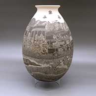 A black on white jar with a flared rim and decorated with a sgraffito Day of the Dead celebration at the Hacienda de San Diego train station, click or tap to see a larger version