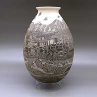 A black on white jar with a flared rim and decorated with a sgraffito Day of the Dead celebration at the Hacienda de San Diego train station, click or tap to see a larger version